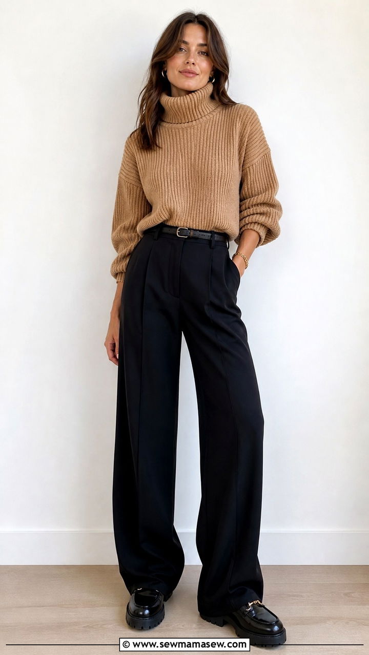 Chunky Turtleneck with Wide Leg Trousers - 40 casual chunky sweater outfits