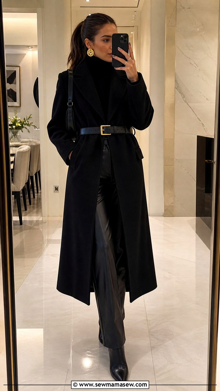 Chunky belt over black coat with leather trousers - 20 cute glamoratti outfits