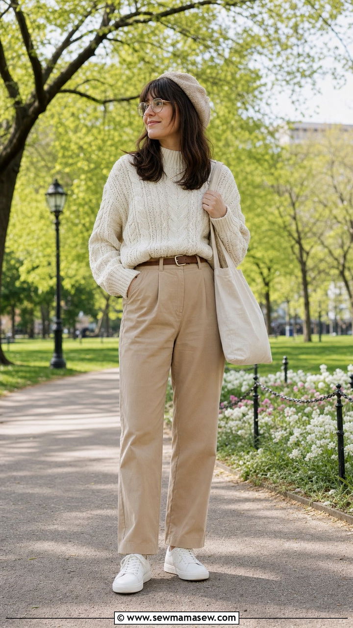 Chunky cable knit sweater and tan trousers with beret outfit - 25 spring light academia outfits