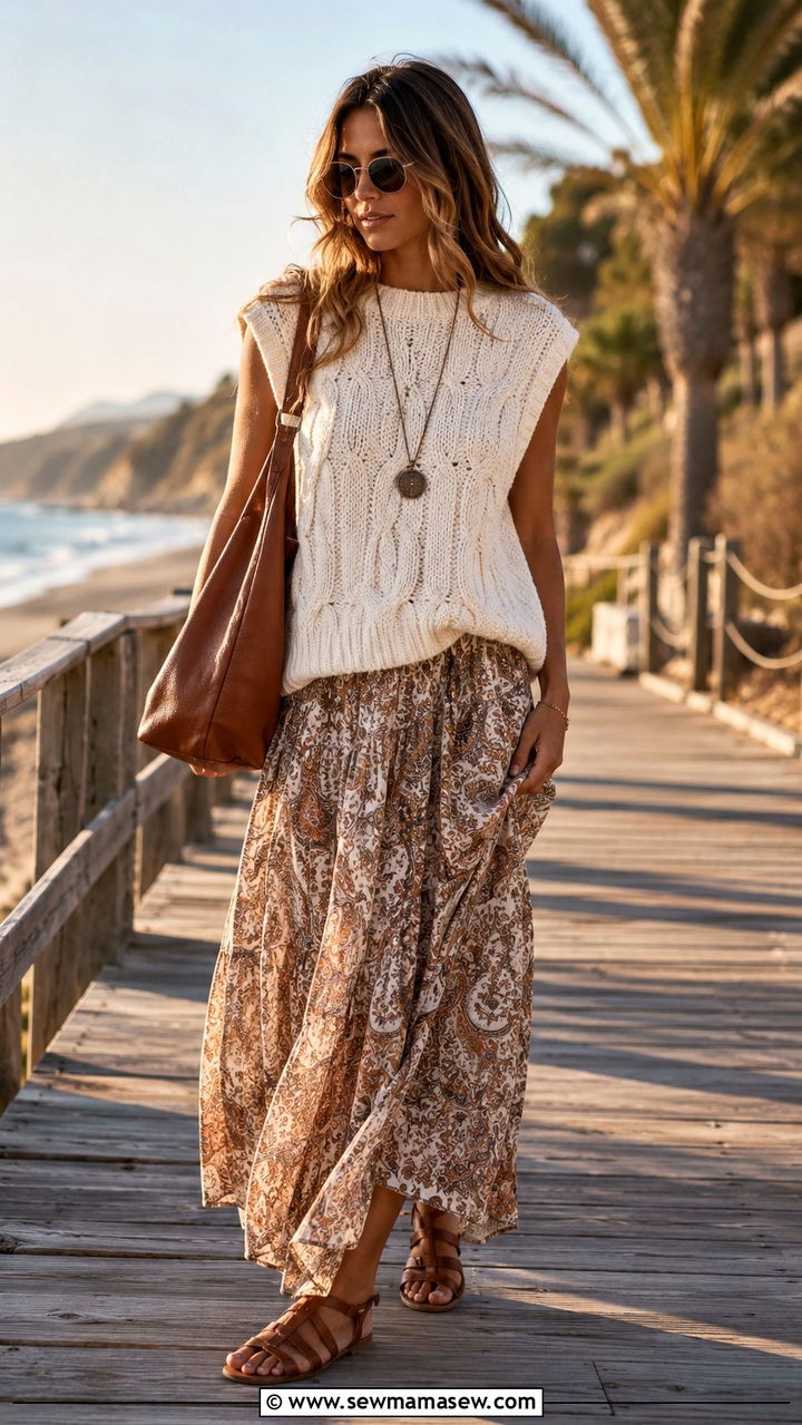 Chunky cable knit sweater vest with maxi skirt - 30 chic sweater vest outfit ideas