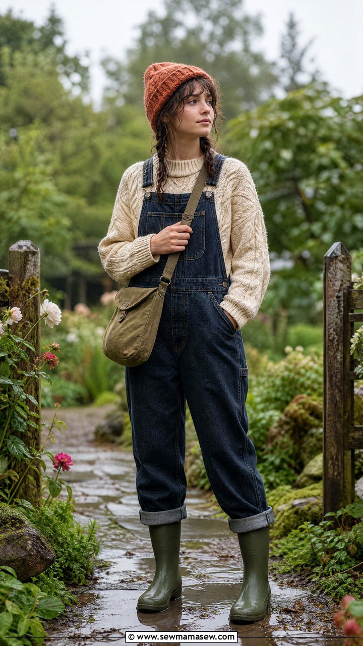 Chunky cable knit sweater with denim overalls and rain boots - 30 Goblincore outfit ideas