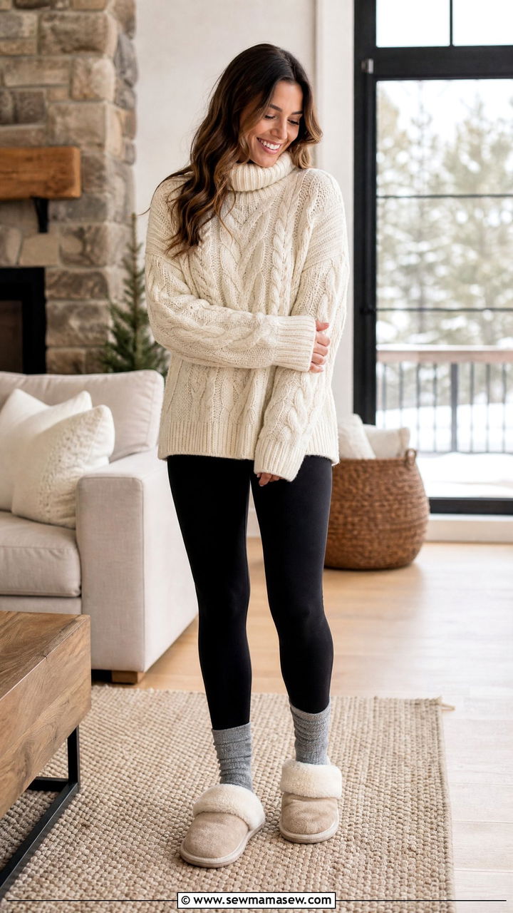 Chunky cable knit sweater with fleece lined leggings - 35 Hygge loungewear outfit ideas