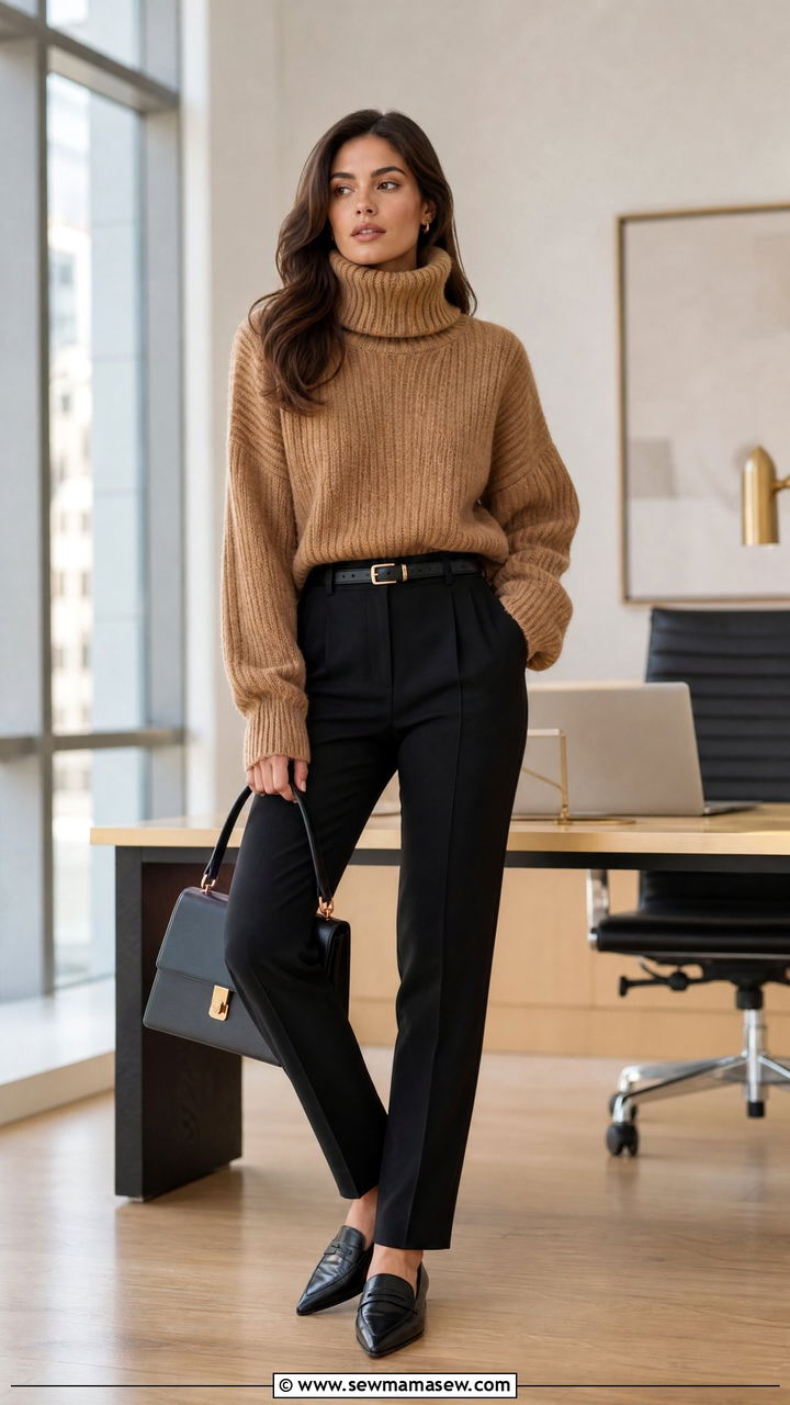 Chunky camel turtleneck with tailored trousers - 25 chic chunky sweater outfit ideas