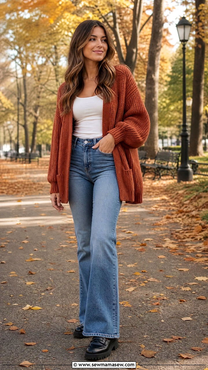 Chunky cardigan and flare jeans with lug sole loafers - 30 Flare jeans outfit ideas with loafers