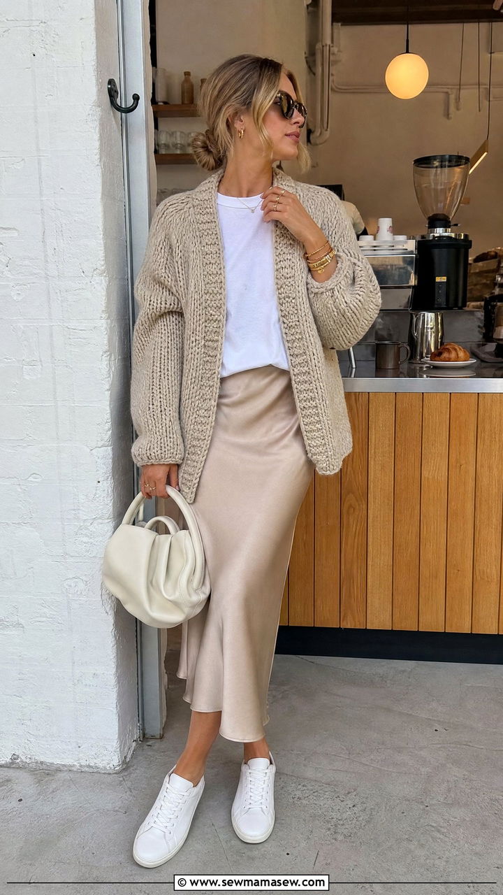 Chunky cardigan and slip skirt Copenhagen outfit - 25 casual Copenhagen outfits