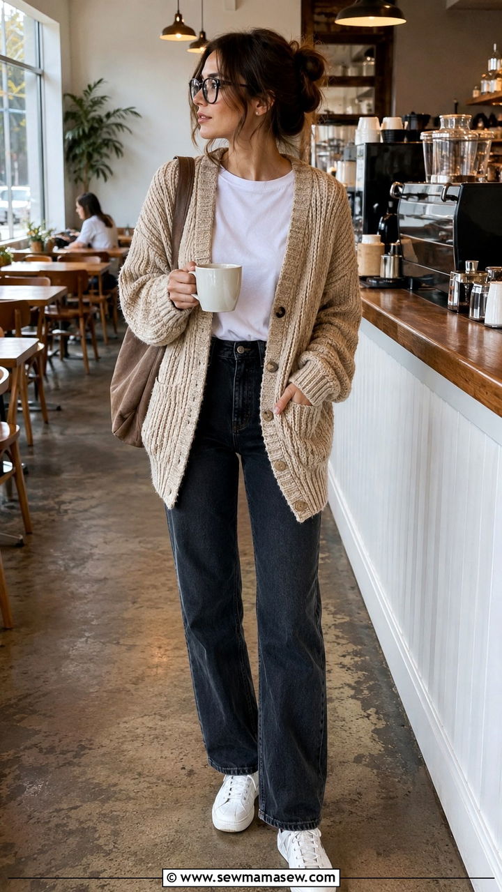 Chunky cardigan and straight leg jeans outfit - 30 librarian core outfits for women