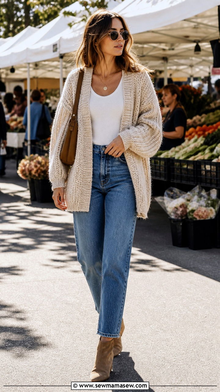 Chunky cardigan over a tank with jeans and ankle boots - 40 What to wear in Los Angeles