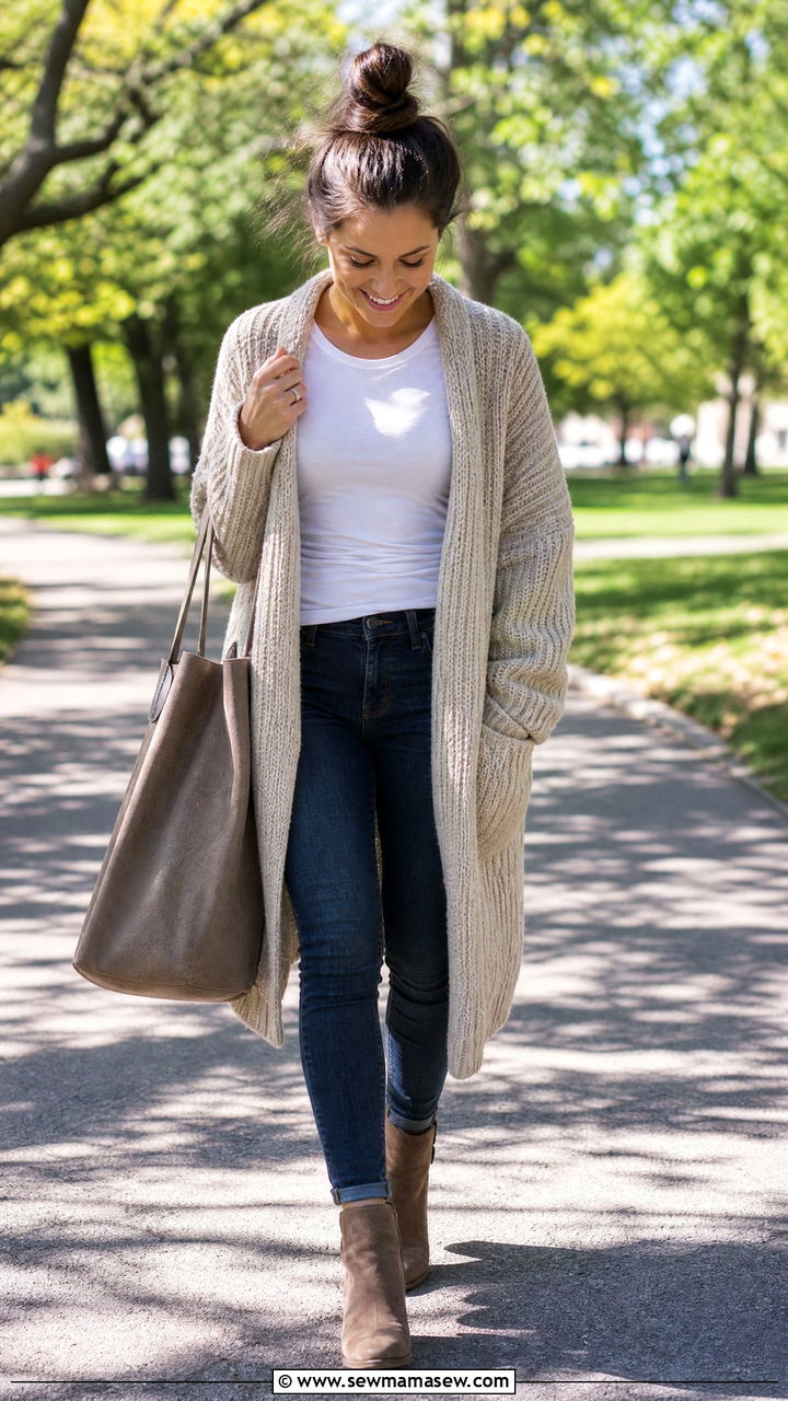 Chunky cardigan with a fitted tee and skinny jeans - 25 chic chunky sweater outfit ideas