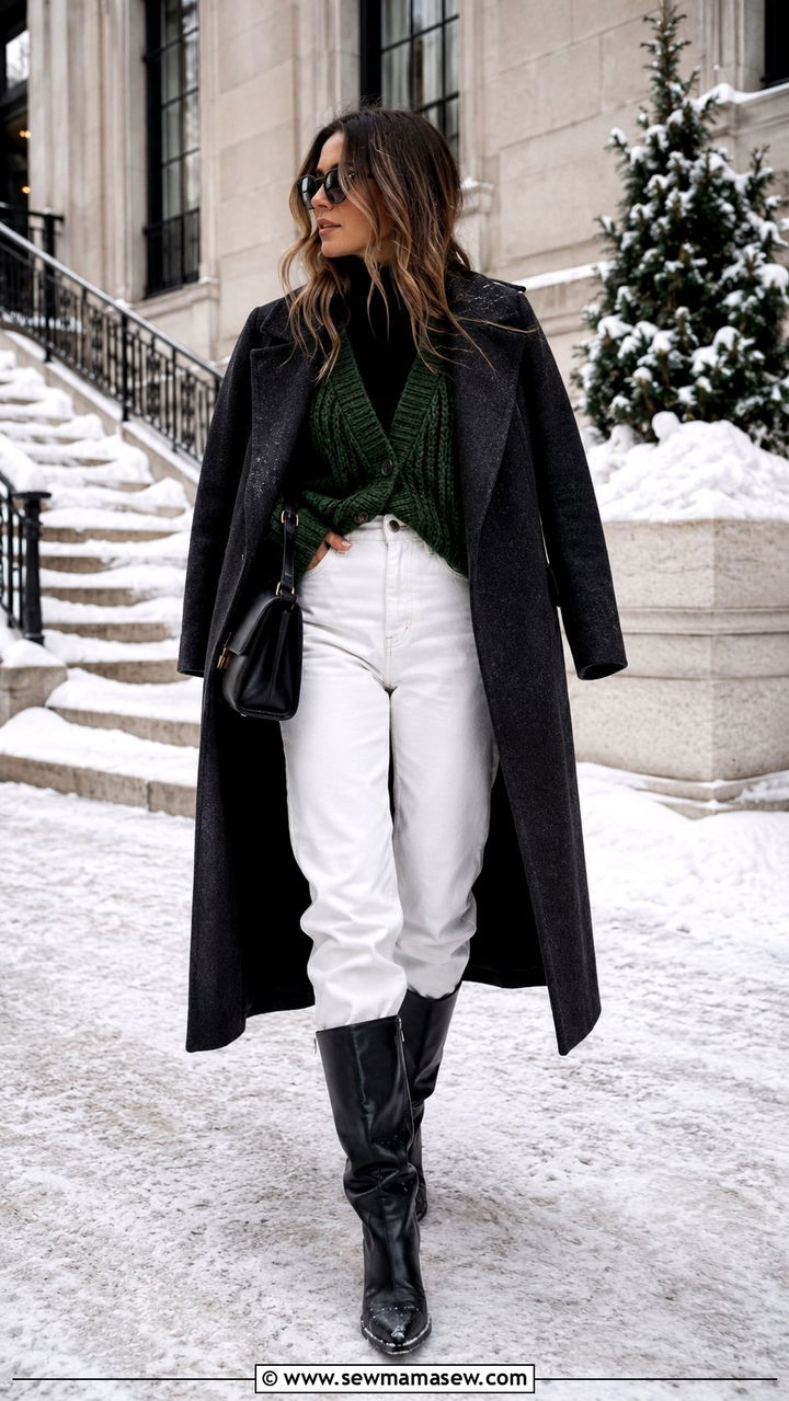 Chunky cardigan with high waisted white jeans winter outfit - 30 High waisted jeans outfit ideas with a cardigan