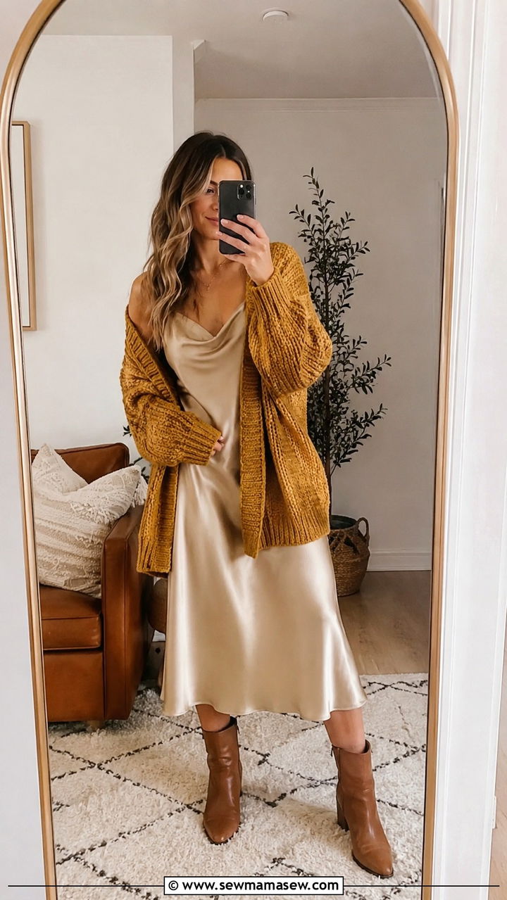 Chunky cardigan with midi slip dress outfit - 20 casual librarian core outfits