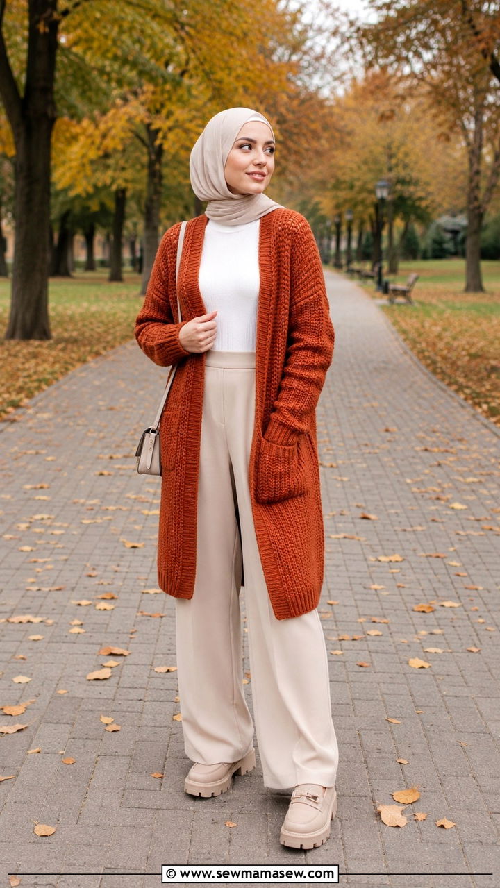 Chunky cardigan with palazzo pants outfit - 30 Modest outfit ideas with cardigan