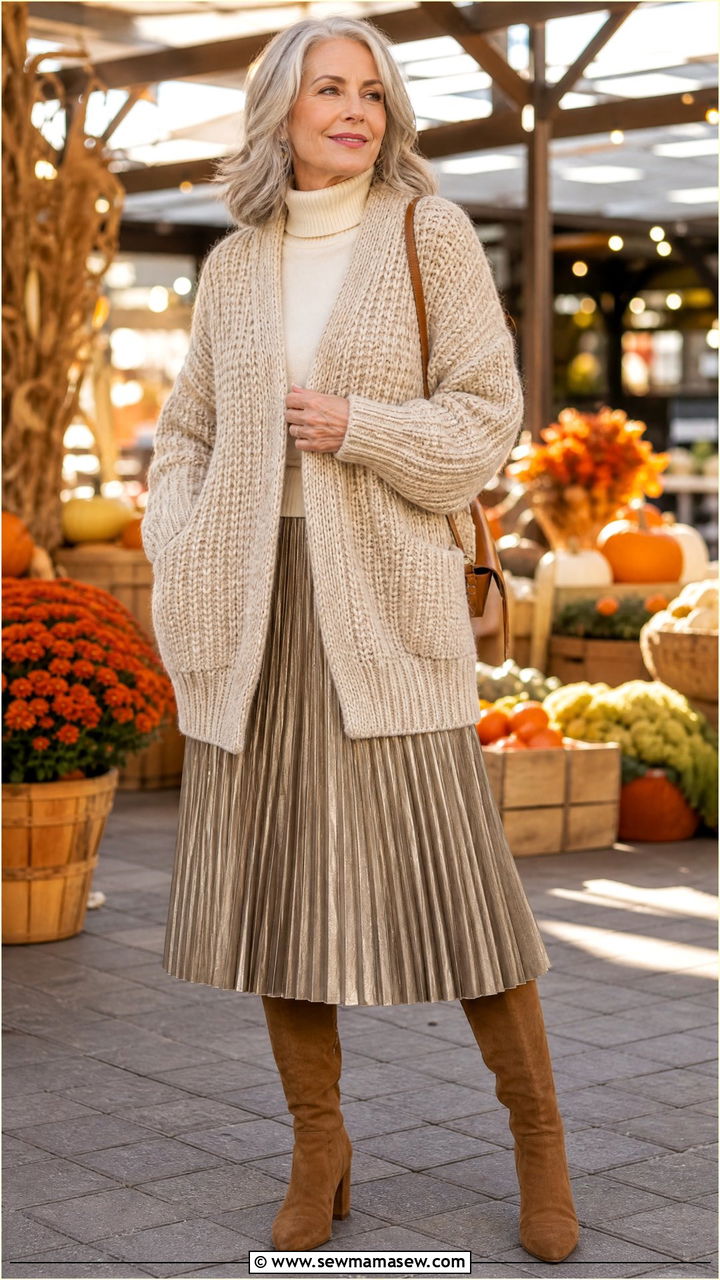 Chunky cardigan with pleated skirt outfit - 30 Stylish outfits for grandmas