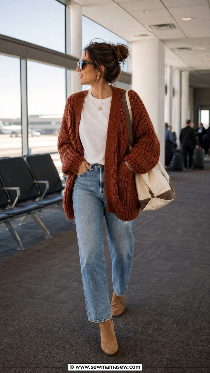 Chunky cardigan with straight leg jeans for fall travel - 25 seasonal airport outfit ideas