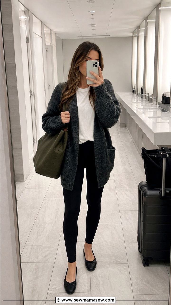 Chunky cardigan with white tee black leggings and ballet flats - 40 travel outfits