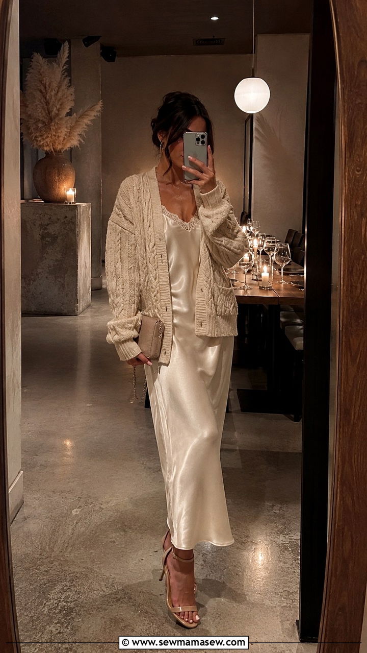Chunky ecru cardigan and satin skirt outfit - 30 quiet luxury outfits to copy