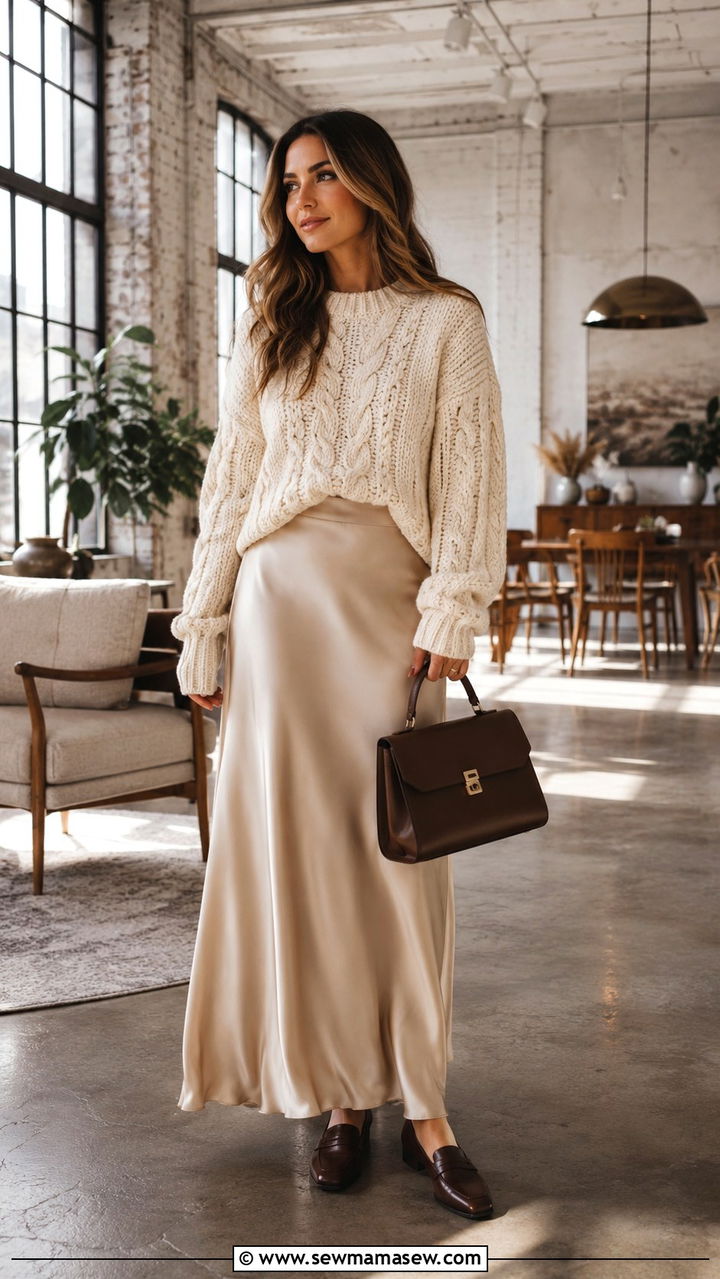 Chunky fisherman sweater with a satin maxi skirt and leather loafers - 30 Unpredictable weather outfit ideas