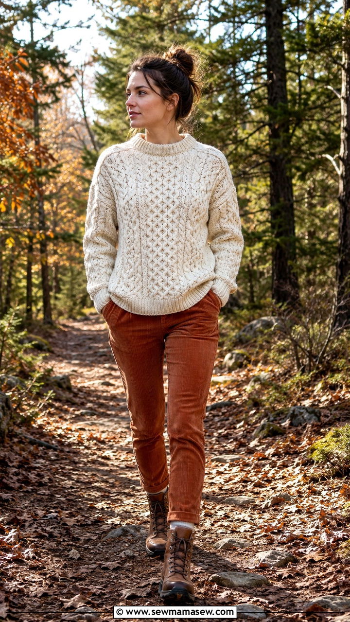 Chunky fisherman sweater with corduroy pants and hiking boots - 30 Sweater outfit ideas for women over 40