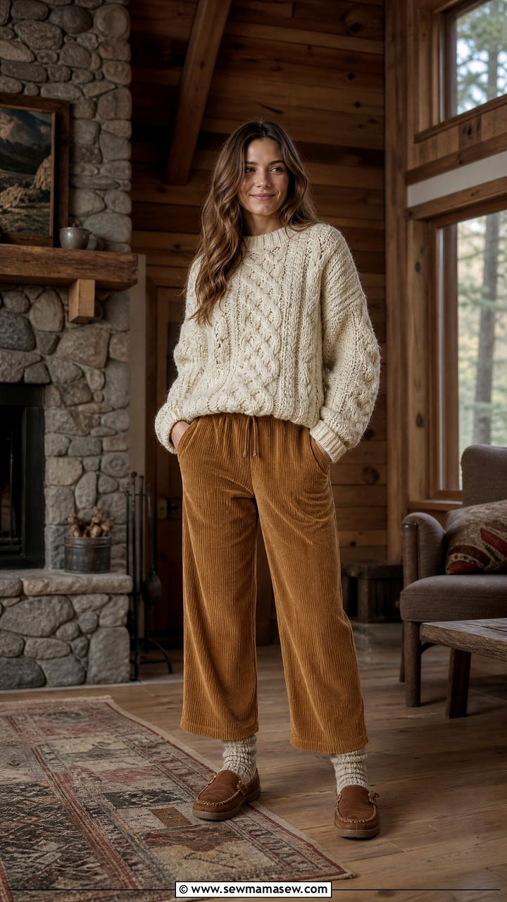 Chunky fisherman sweater with corduroy pants - 35 Hygge loungewear outfit ideas