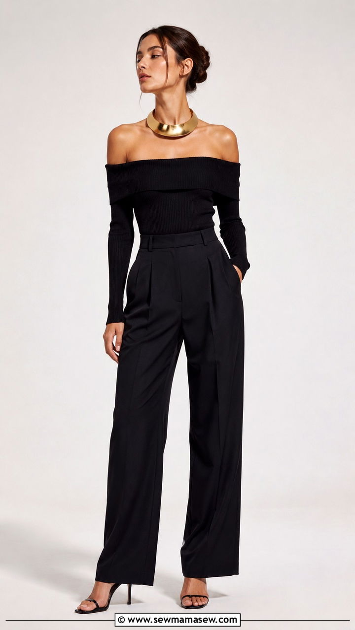 Chunky gold collar with off shoulder top and trousers - 20 Chunky gold jewelry outfit ideas 2026