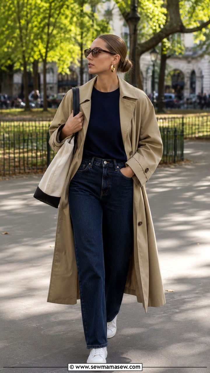Chunky gold hoops with trench coat and straight jeans - 20 Chunky gold jewelry outfit ideas 2026
