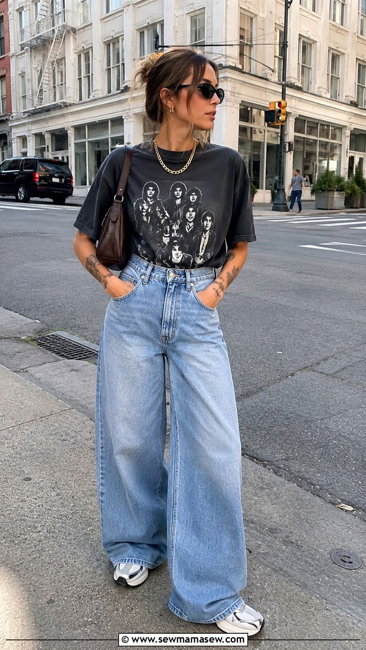 Chunky gold necklace with graphic tee and wide leg jeans - 20 Chunky gold jewelry outfit ideas 2026