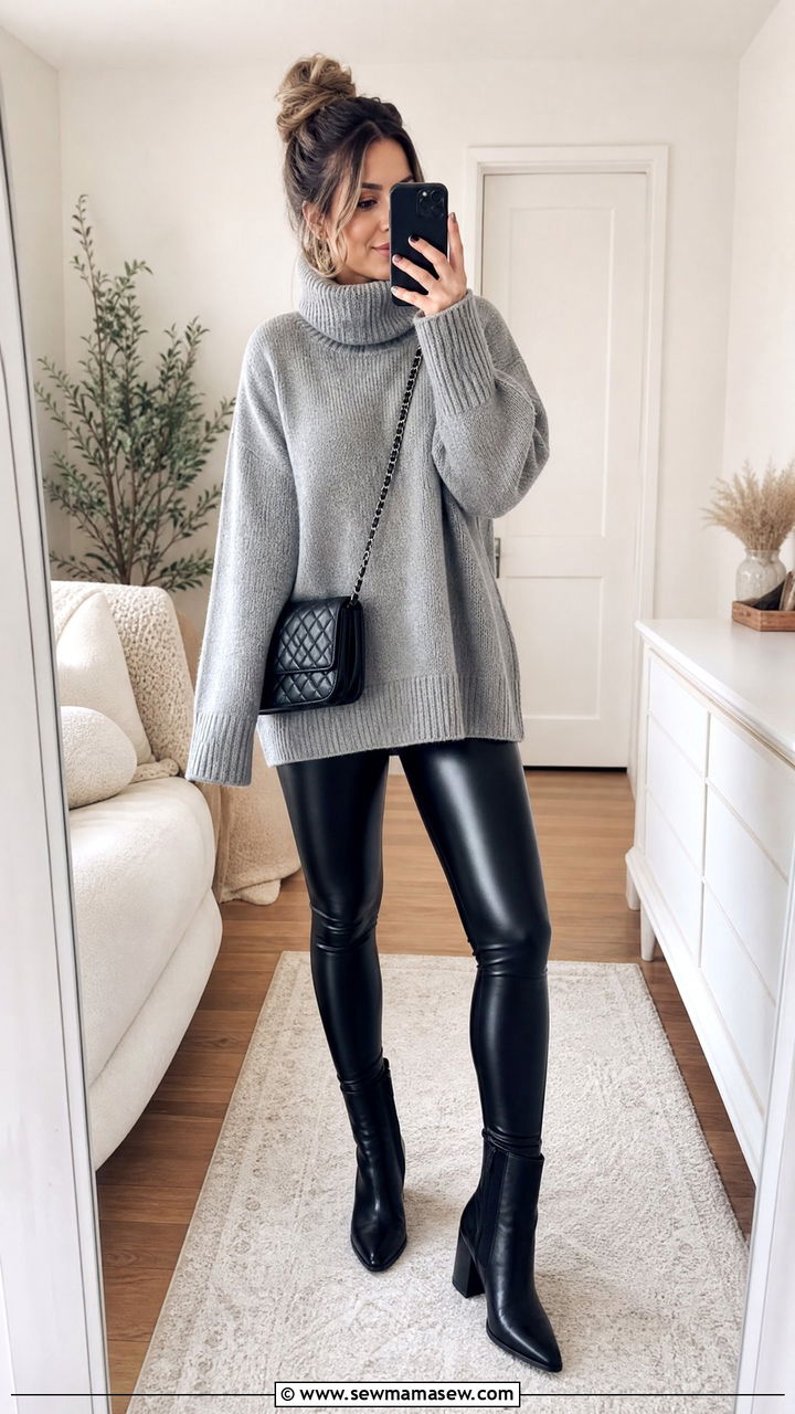 Chunky gray turtleneck with faux leather leggings - 25 chic chunky sweater outfit ideas