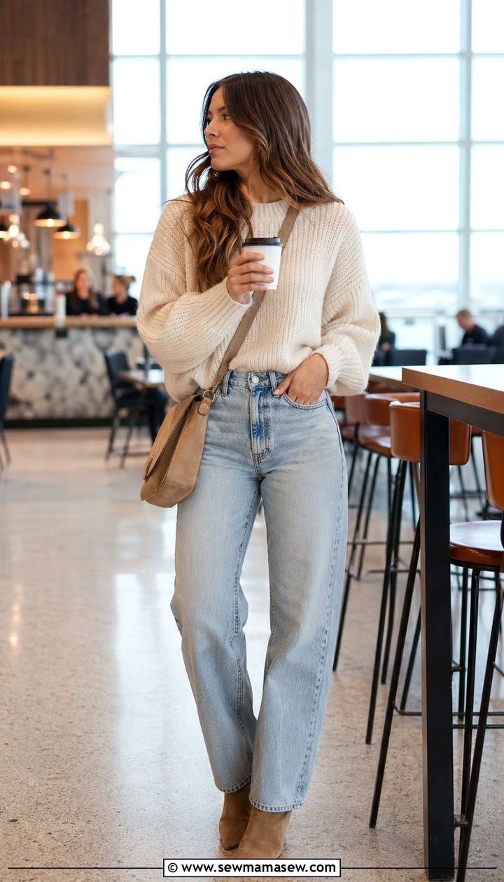 Chunky knit and high rise jeans airport outfit - 35 airport outfits 2026