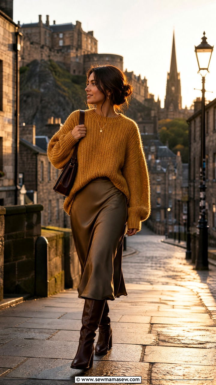 Chunky knit and satin midi skirt - 30 Edinburgh outfit ideas