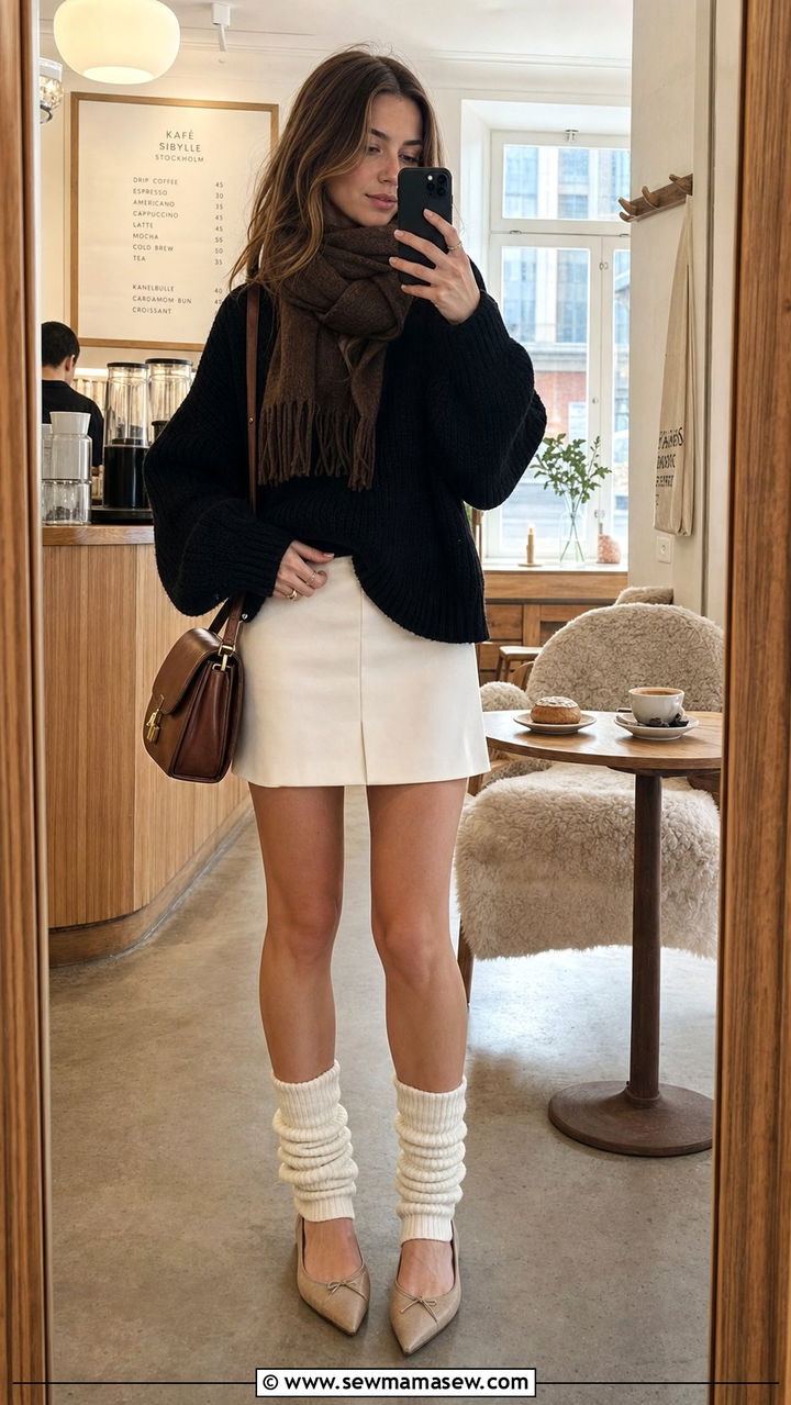Chunky knit and white mini skirt outfit - 25 Stockholm outfit ideas