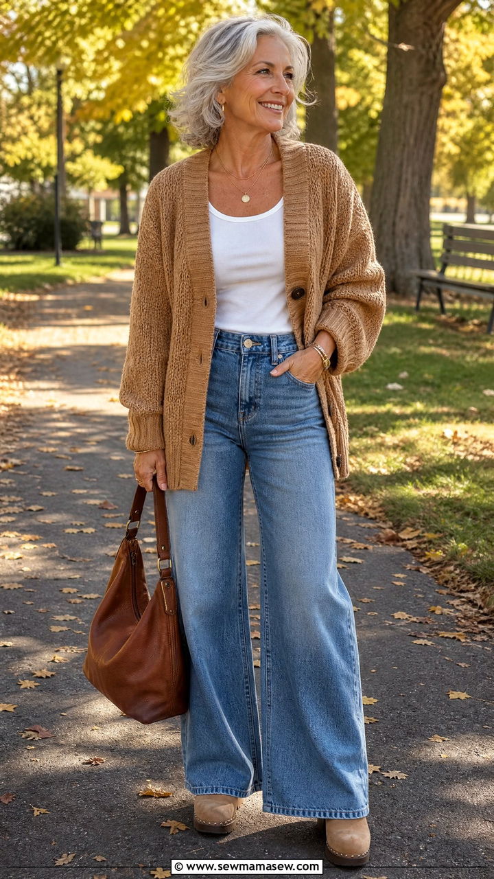 Chunky knit cardigan over a fitted tank and wide leg jeans - 30 Chic outfits for women over 60