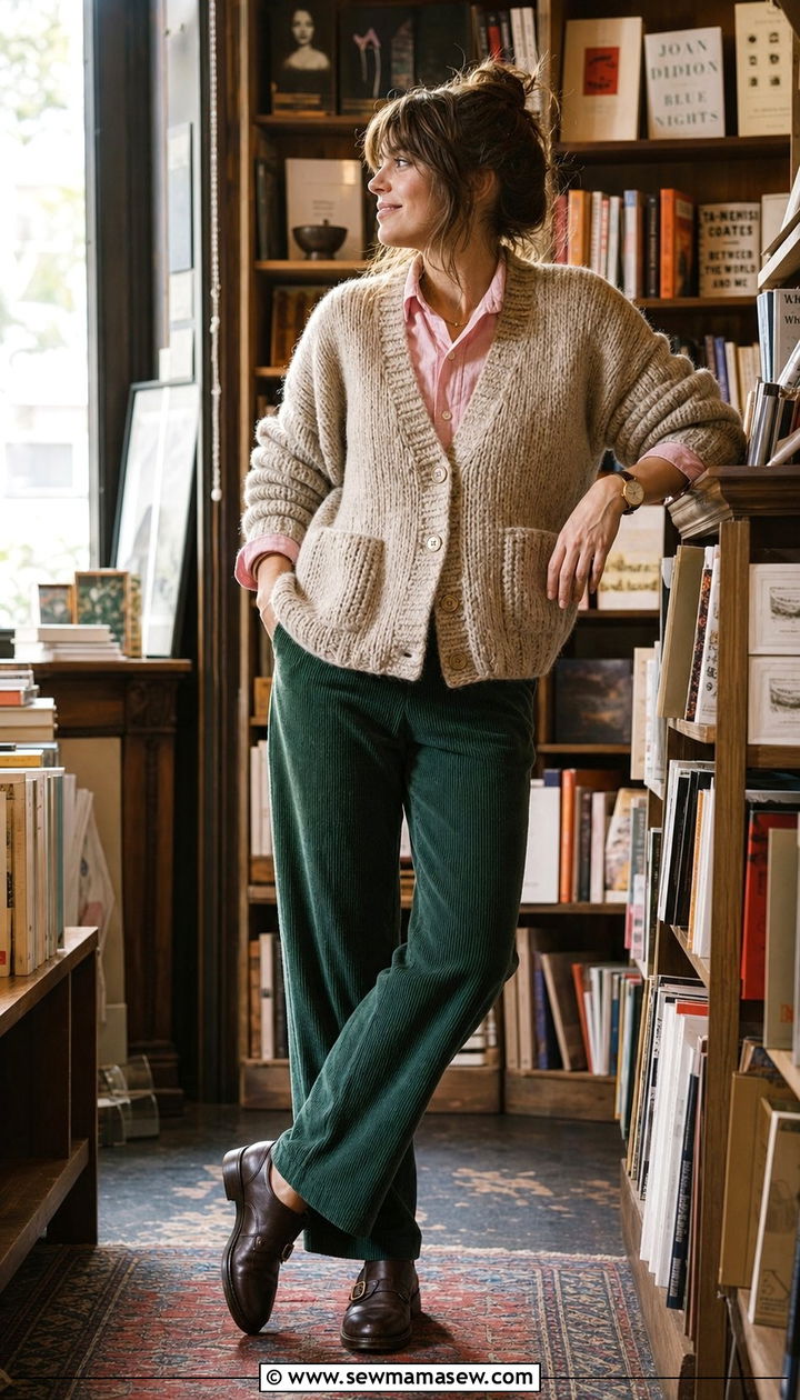 Chunky knit cardigan with collared shirt and corduroy pants - 25 Dark academia outfit ideas 2026
