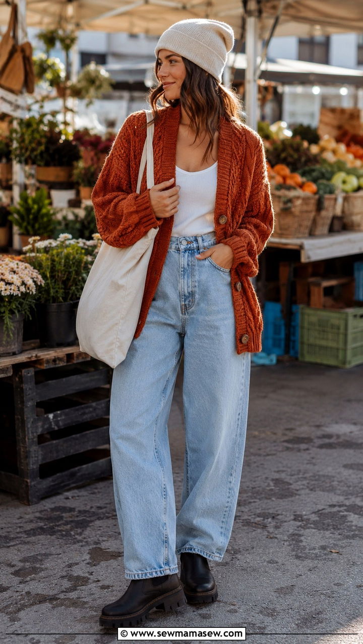 Chunky knit cardigan with high waisted baggy jeans - 30 High waisted jeans outfit ideas with a cardigan