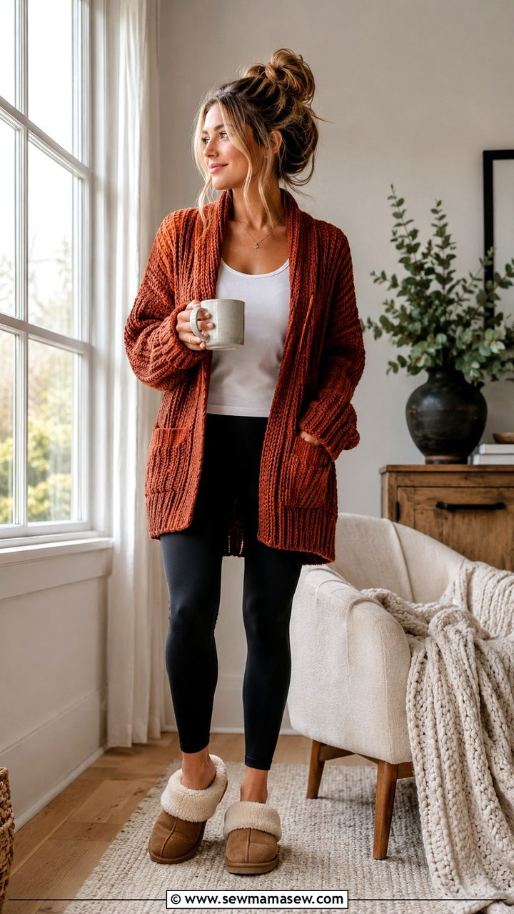 Chunky knit cardigan with leggings - 30 Loungewear outfit ideas for weekend