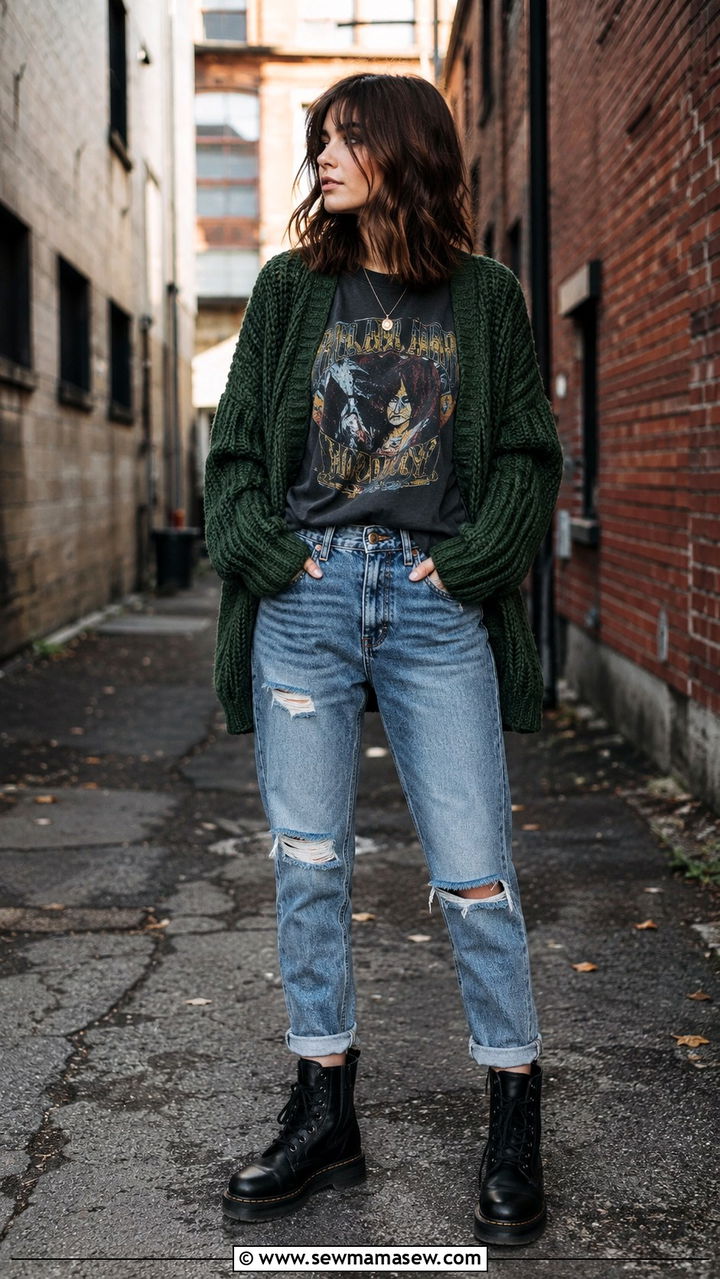 Chunky knit cardigan with mom jeans and combat boots - 30 Mom jeans outfit ideas with a cardigan