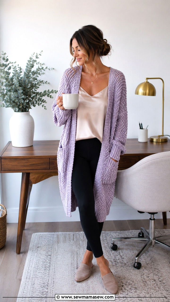 Chunky knit cardigan with satin camisole and leggings - 30 Spring outfit ideas for work from home