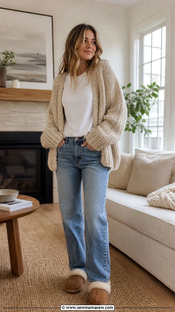 Chunky knit cardigan with tee and jeans outfit - 35 Loungewear outfit ideas for work from home
