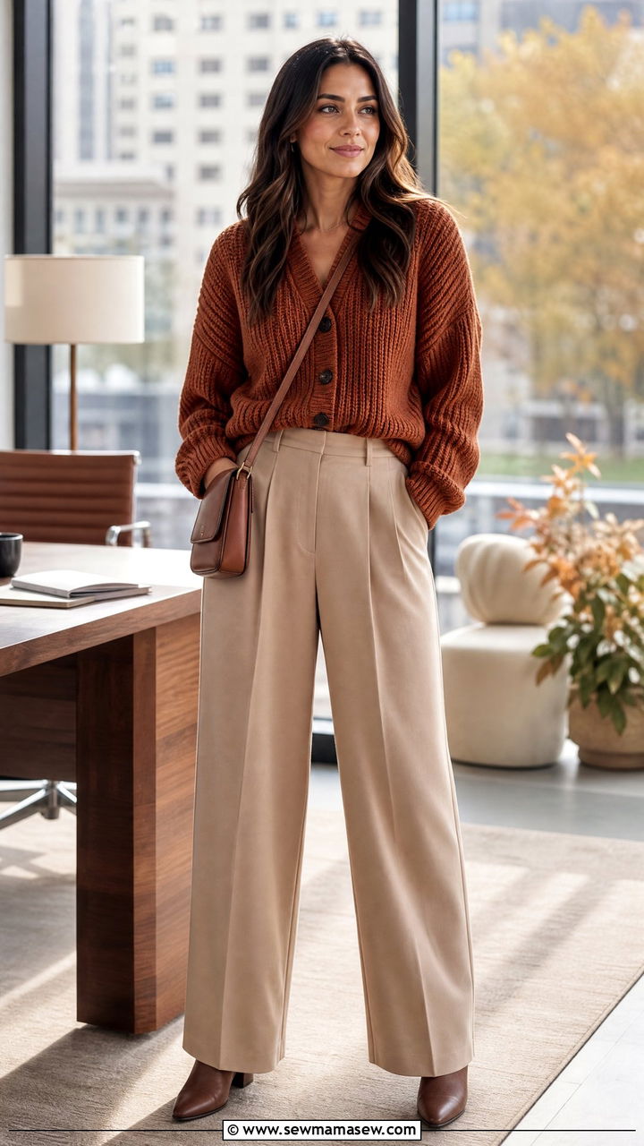 Chunky knit cardigan with wide leg pants office - 30 Stylish office outfit ideas