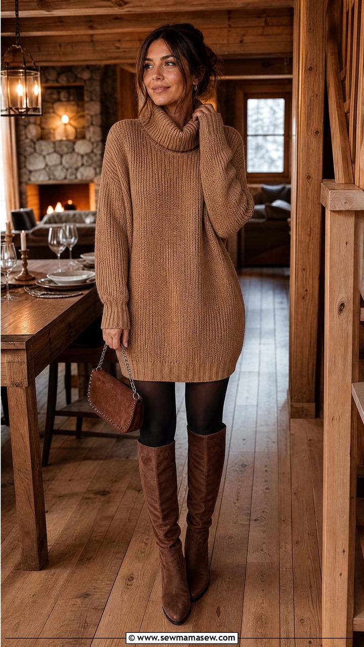 Chunky knit dress with tights and knee high boots - 30 Cozy chalet outfit ideas