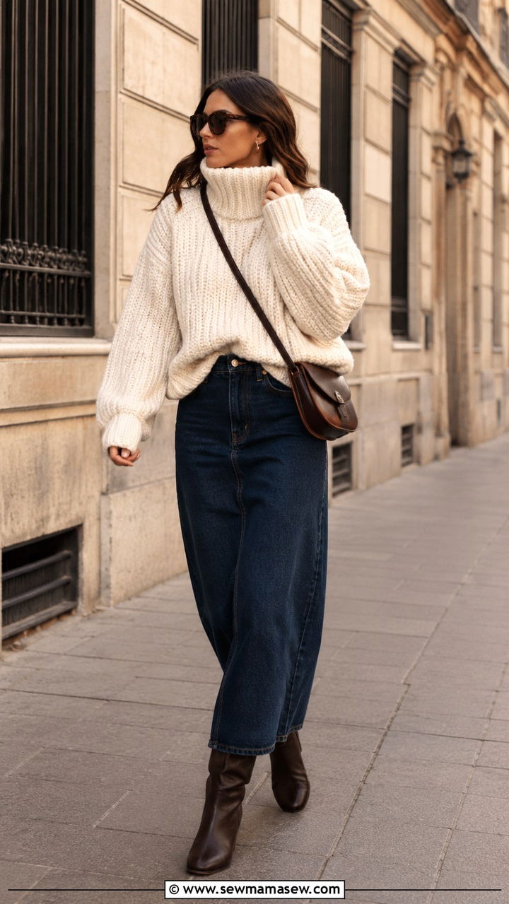 Chunky knit sweater and denim maxi skirt outfit - 30 Sweater and skirt matching set outfit ideas