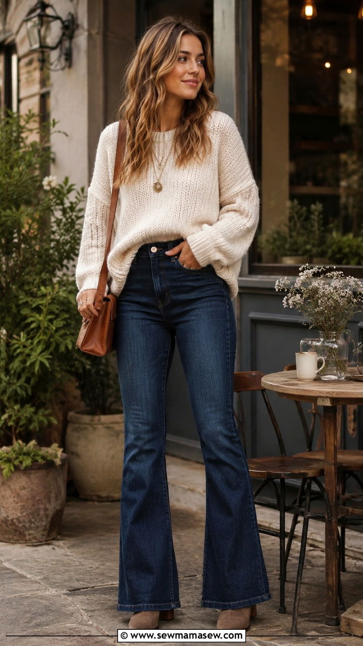 Chunky knit sweater and flare jeans - 30 Spring outfits with flare jeans