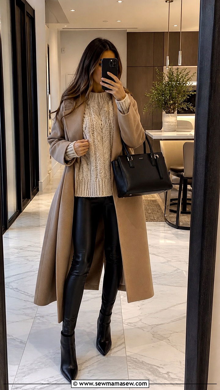 Chunky knit sweater and leather leggings travel outfit - 40 travel outfits for women