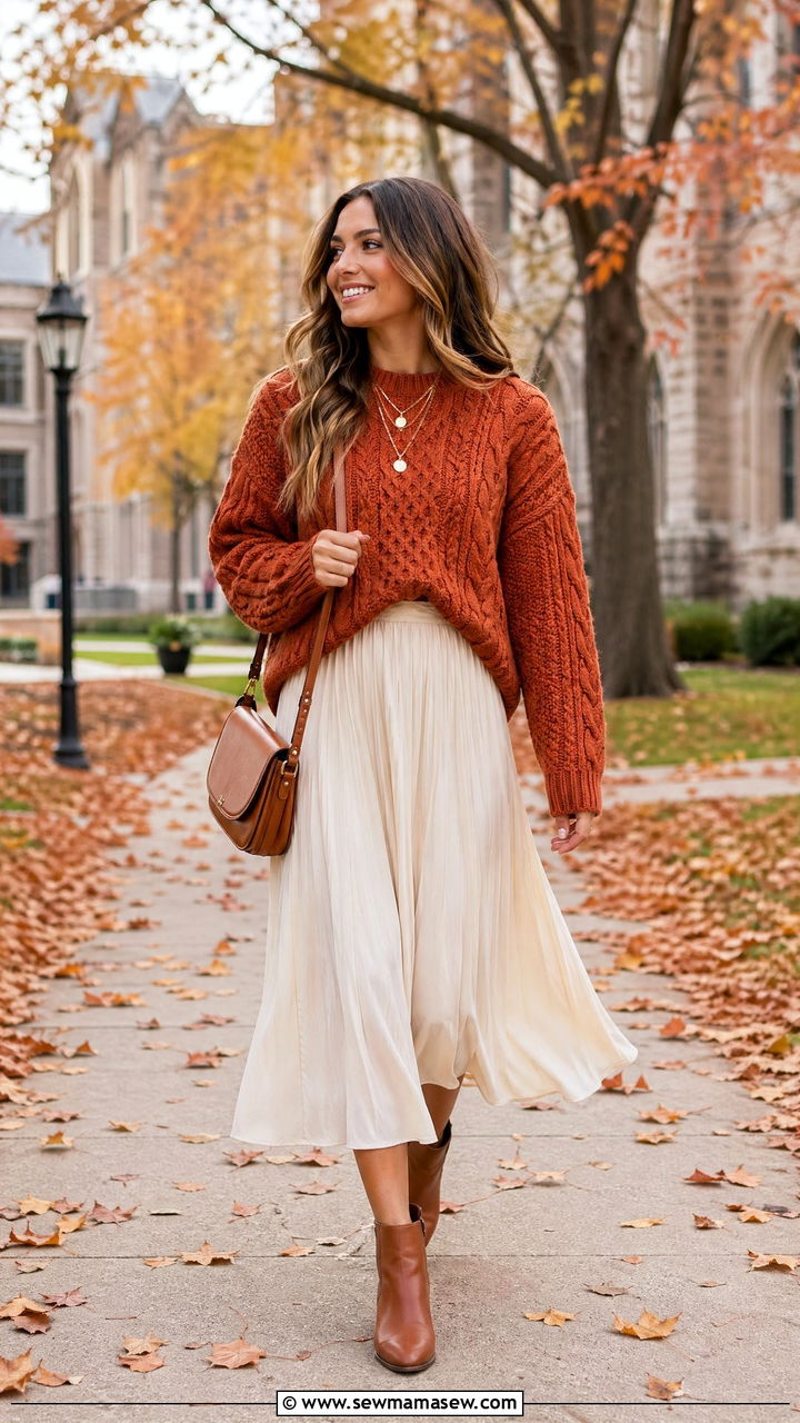 Chunky knit sweater and midi skirt fall outfit - 35 First day of college outfit ideas