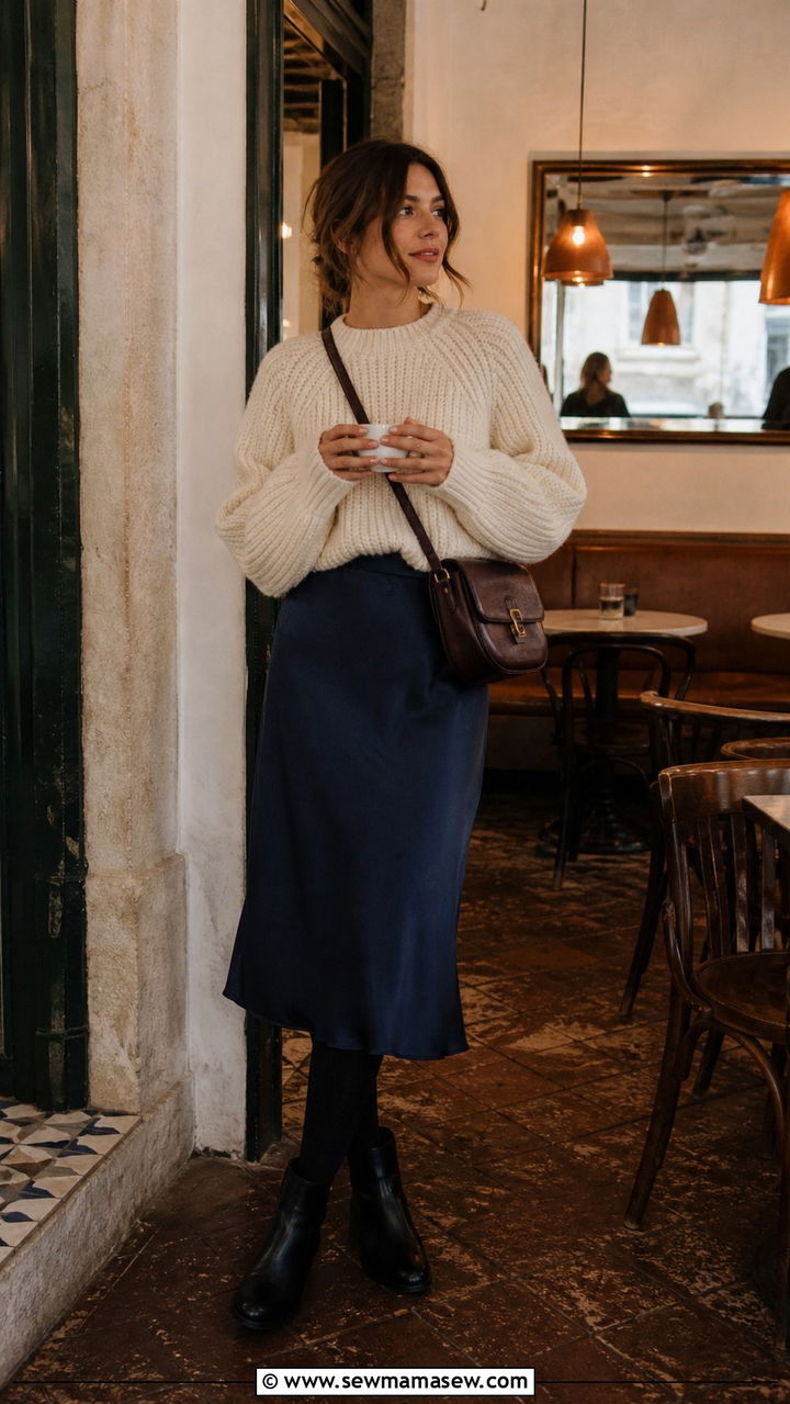 Chunky knit sweater and midi slip skirt Lisbon winter outfit - 40 Lisbon outfit ideas