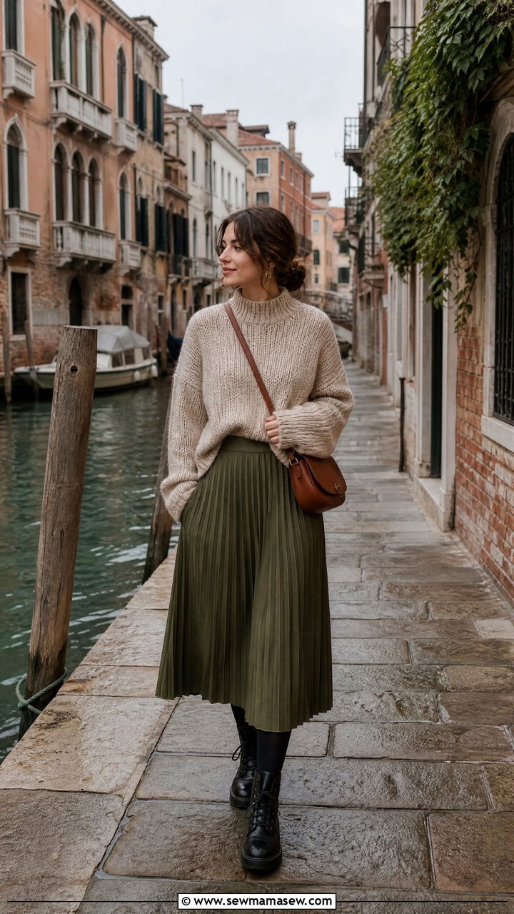 Chunky knit sweater and pleated midi skirt with combat boots - 35 Italy spring outfit ideas