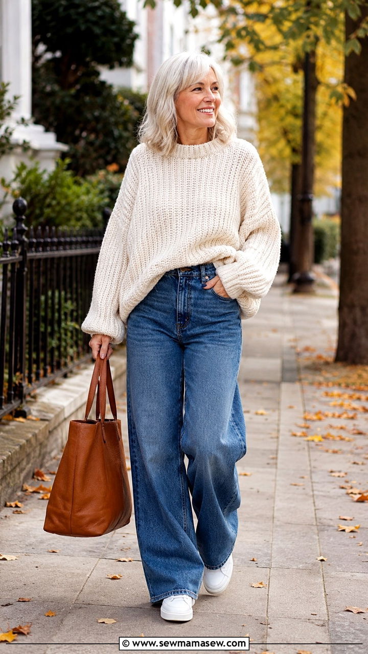 Chunky knit sweater and wide leg jeans over 50 - 20 How to style wide leg jeans over 50