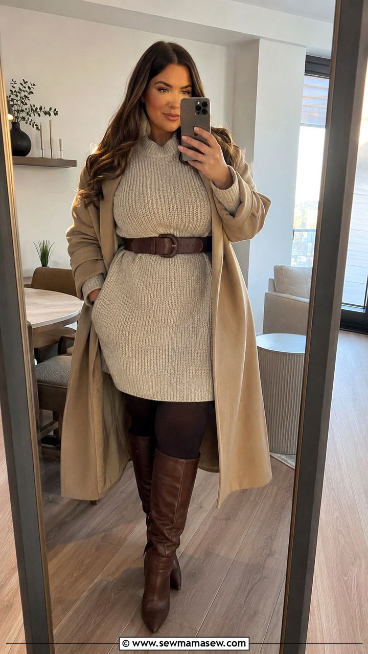 Chunky knit sweater dress with boots outfit - 30 Sweater outfit ideas plus size