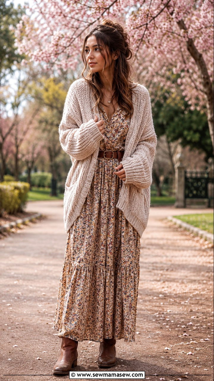 Chunky knit sweater over a maxi dress - 30 Spring outfits with sweaters