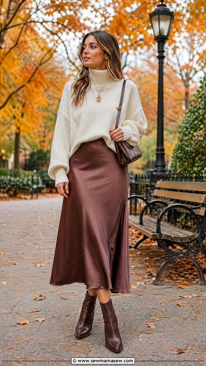 Chunky knit sweater tucked into a satin midi skirt with boots - 35 Elevated brunch outfit ideas