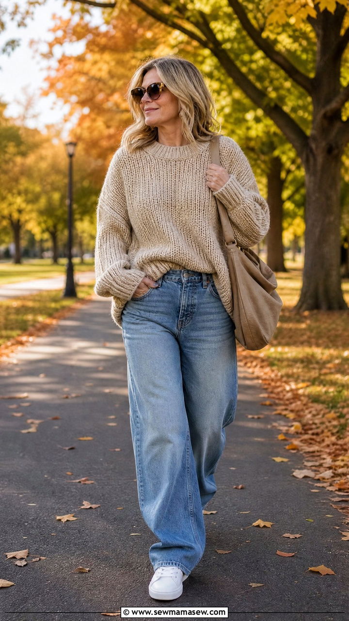Chunky knit sweater with baggy jeans - 35 Jeans outfit ideas for women over 40
