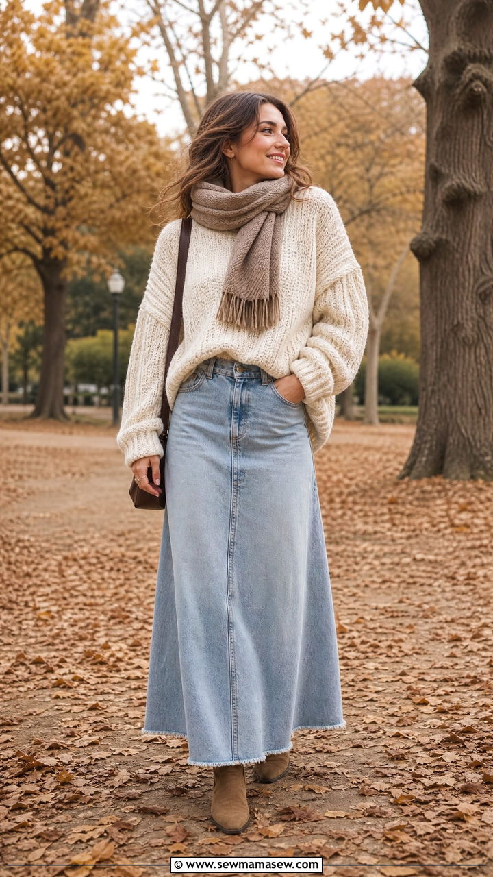 Chunky knit sweater with denim maxi skirt outfit - 25 classy denim skirt outfits